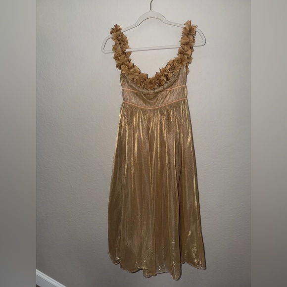 Lulus Amazing Essence Gold Metallic Mesh 3D Floral Midi Dress XS Goddess Toga - Picture 3 of 8